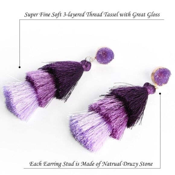 14K Yellow Gold with Purple Ombre Silk Thread Tassel and Quartz Druzy Earrings - Picture 2 of 8